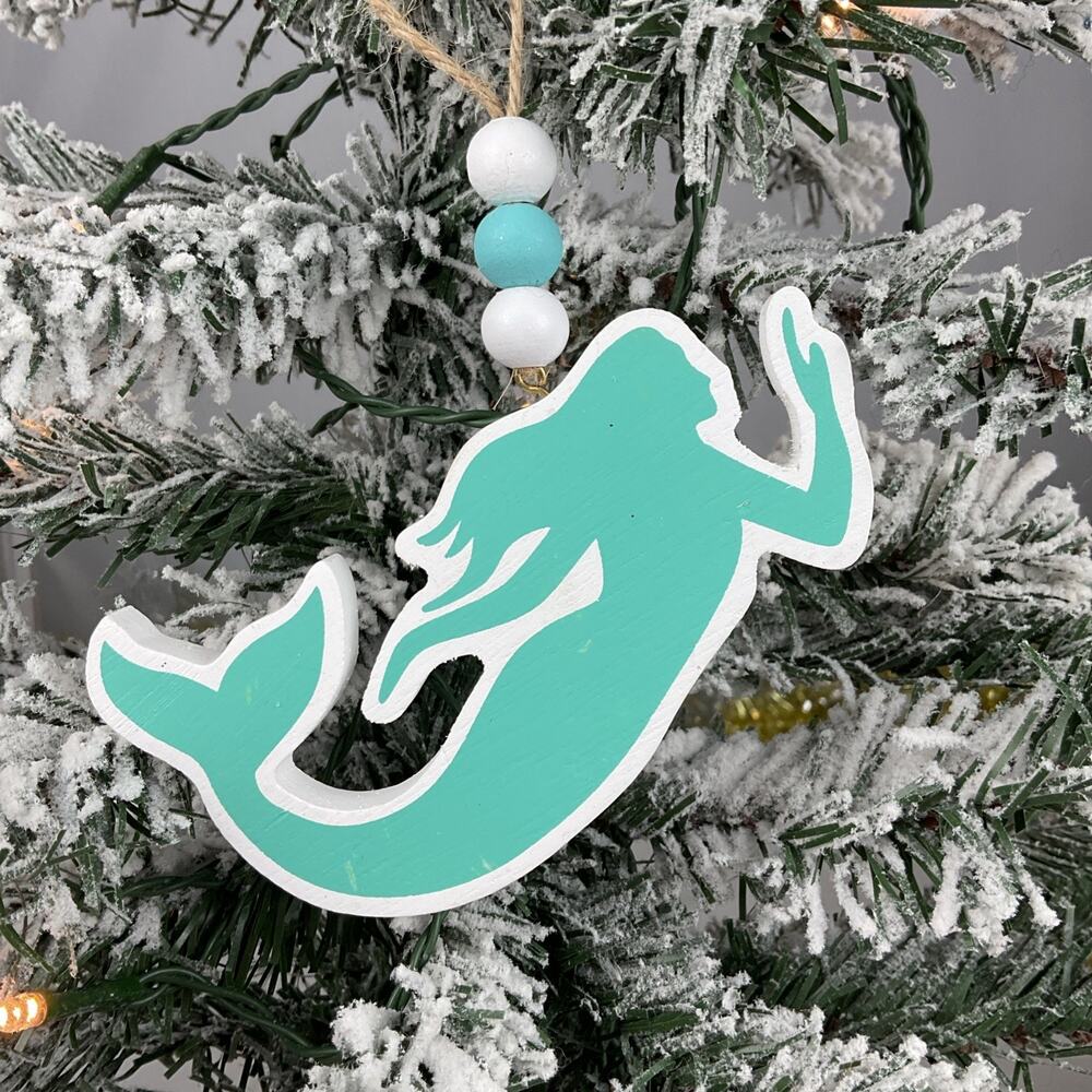 Christmas Ornament-Wooden Teal And White Mermaid -The Bridge Collection-